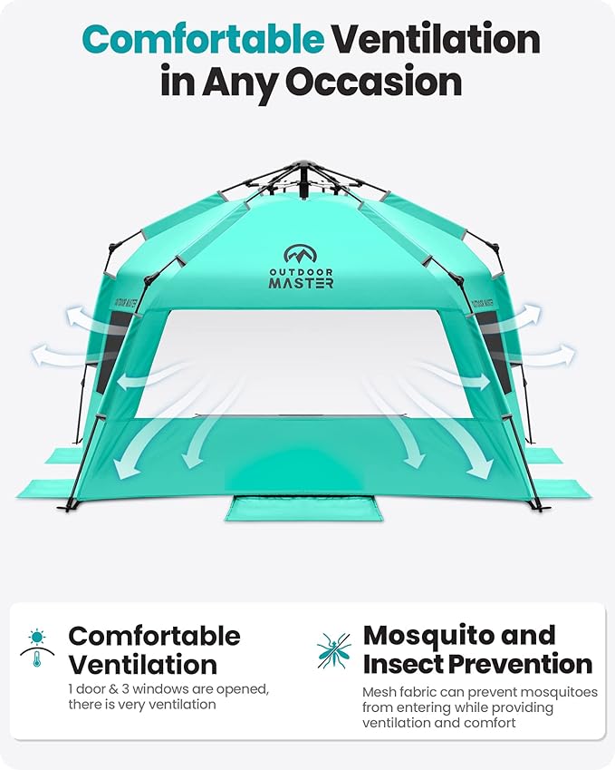 OutdoorMaster Beach Tent with Blackout Shelter Technology, Portable Beach Shade Sun Shelter Canopy for 4-6 Person with UPF 50+ UV Protection, Easy Setup Pop Up Tent Family Size