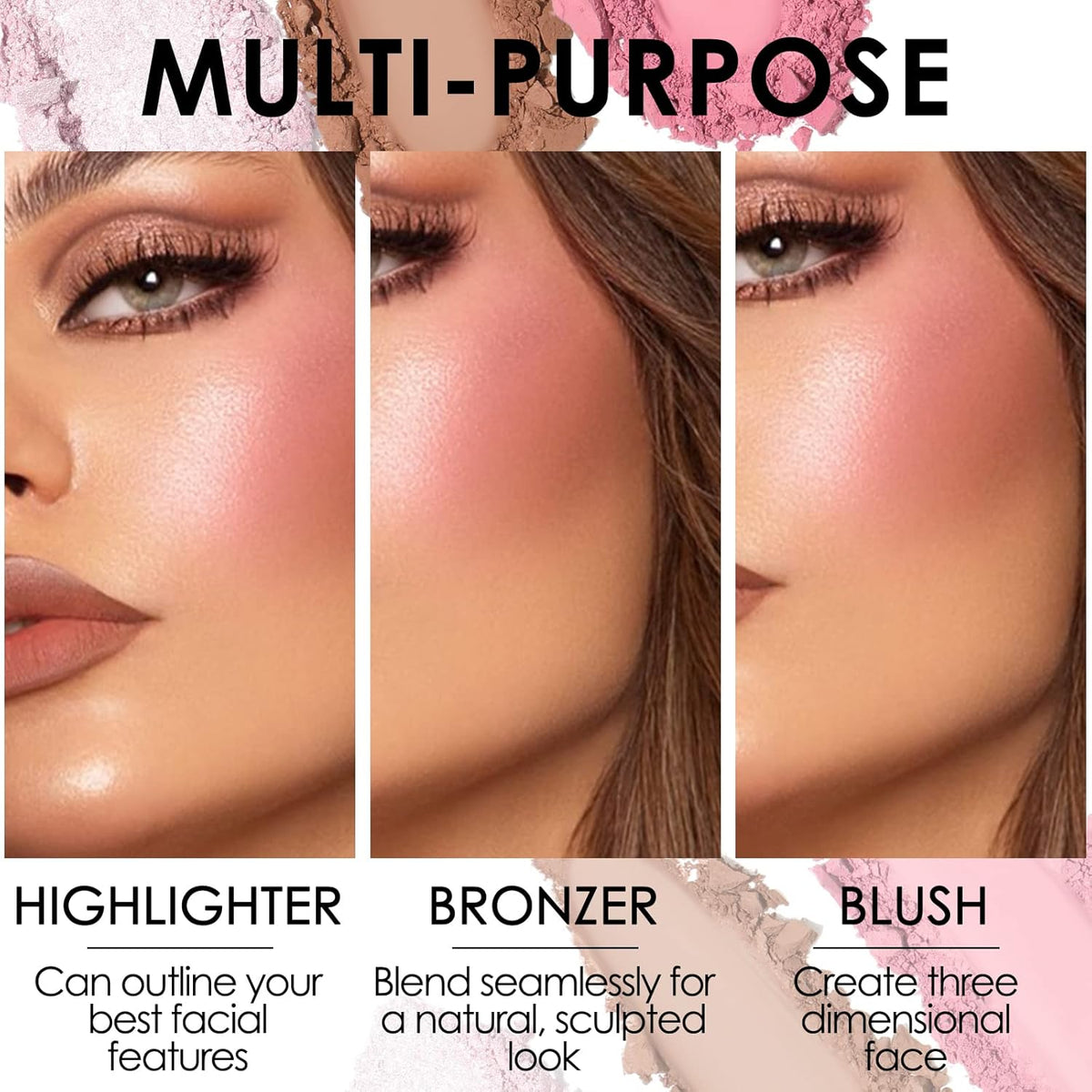 FOCALLURE Blush and Highlighter Palette,3 in 1 Contour Palette,Cruelty-Free Matte Bronzer Powder,Shimmer Illuminator Highlighters for a Glowing Look,#06
