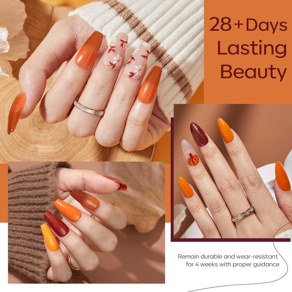 Modelones Fall Gel Nail Polish Set, 6 Colors 2025 Maple Burnt Orange Brown Maroon Burgundy Red Glitter Gel Polish Cherry Mocha Turkey Pumpkin Color Changing Nail Polish Halloween Manicure LED DIY Gift