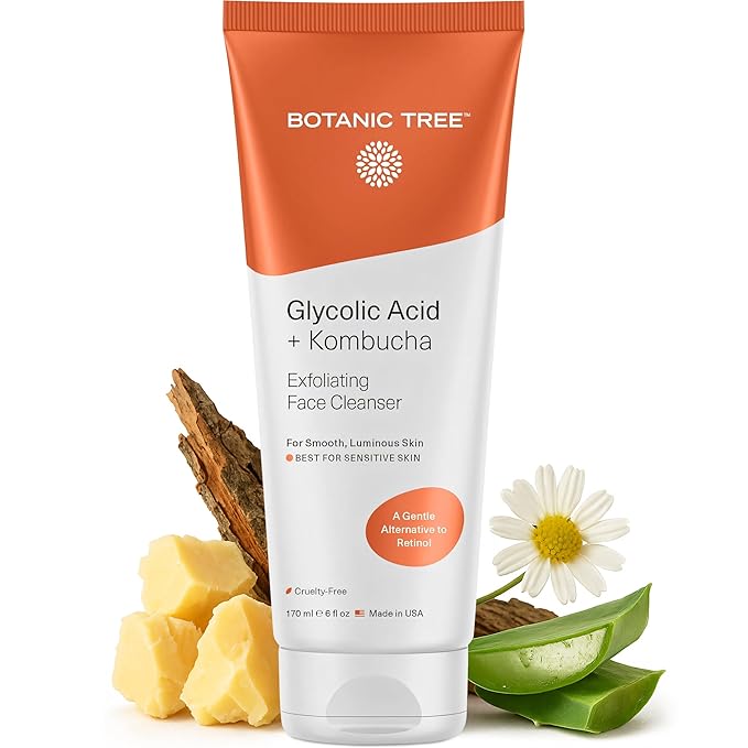 Botanic Tree Kombucha & Glycolic Acid Exfoliating Face Wash for Aging Skin - Face Cleanser for Women - Kombucha Lipofilling Effects and Skin Healthy Probiotics and Antioxidants