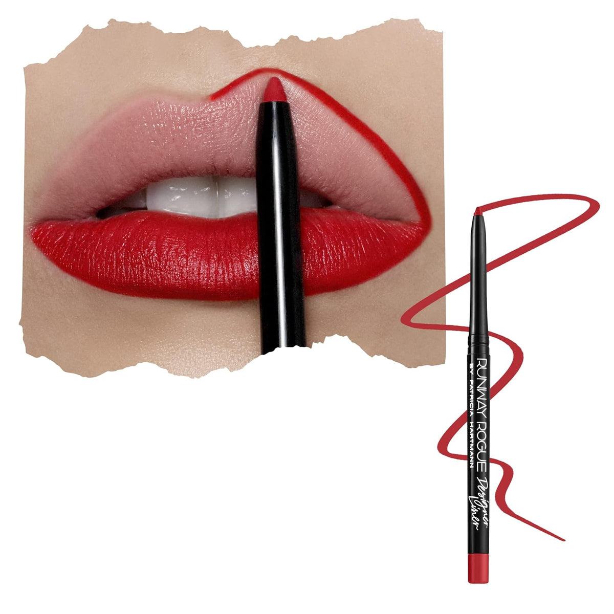 Runway Rogue Designer Liner Lip Pencil, Matte Classic True-Red Lip Liner Pencil and Lip Liner Sharpener, ‘Statement Piece’