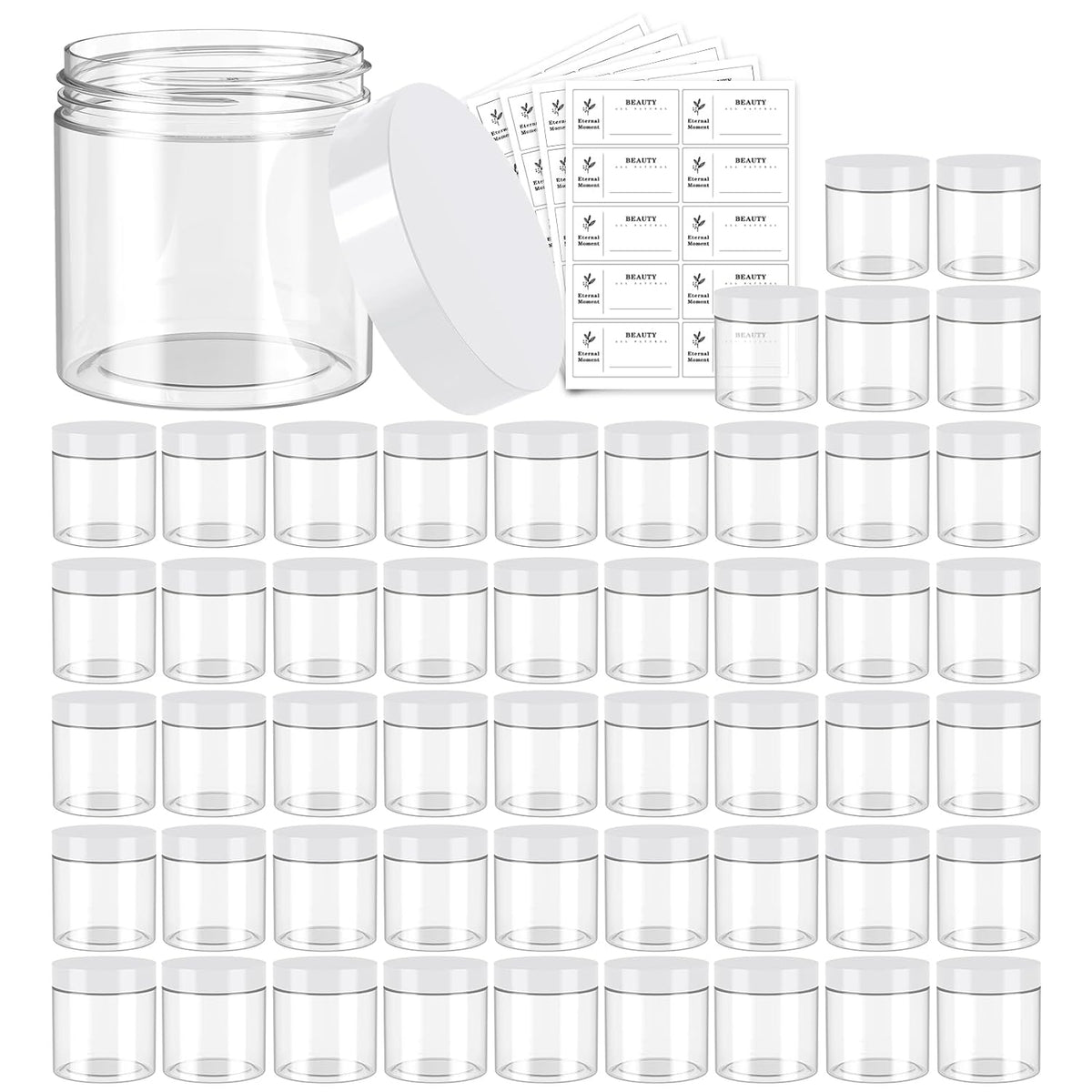 50 Pack 4 OZ Plastic Jars Round Clear Cosmetic Container with White Lids, Eternal Moment Slime Jars for Lotion, Cream, Ointments, Makeup, Eye shadow, Rhinestone, Samples, Pot, Travel Storage