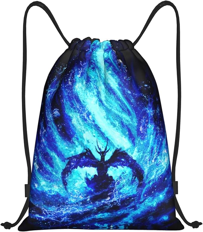 Fly Dragon Drawstring Bags Cool Blue Flame Sport Gym Sackpack Black Backgound Drawstring Backpack for Men Beach Yoga Swim String Bag Cinch Bag