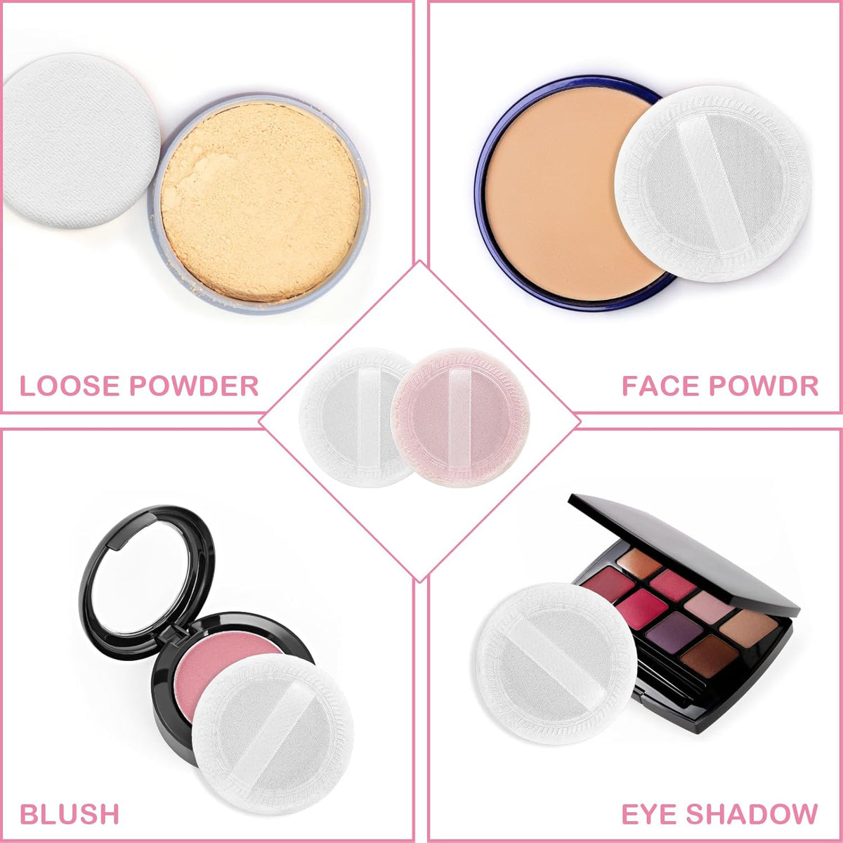 12PCS Makeup Powder Puffs Pink Cotton Powder Puffs Round Powder Puff for Makeup Face Powder Velour Puffs for Loose Powder Washable (pink+white-12pcs)
