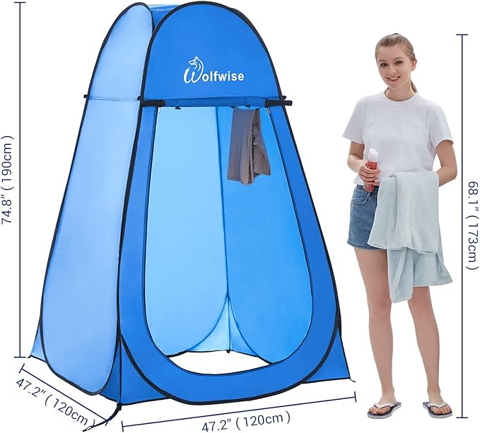 WolfWise Portable Pop Up Privacy Shower Tent, Spacious Changing Room, Dressing Room, Sun Sunshade Canopy Outdoor Rain Shelter, Backpack Privacy Shelters for Camping, Hiking, Beach, Toilet, Blue