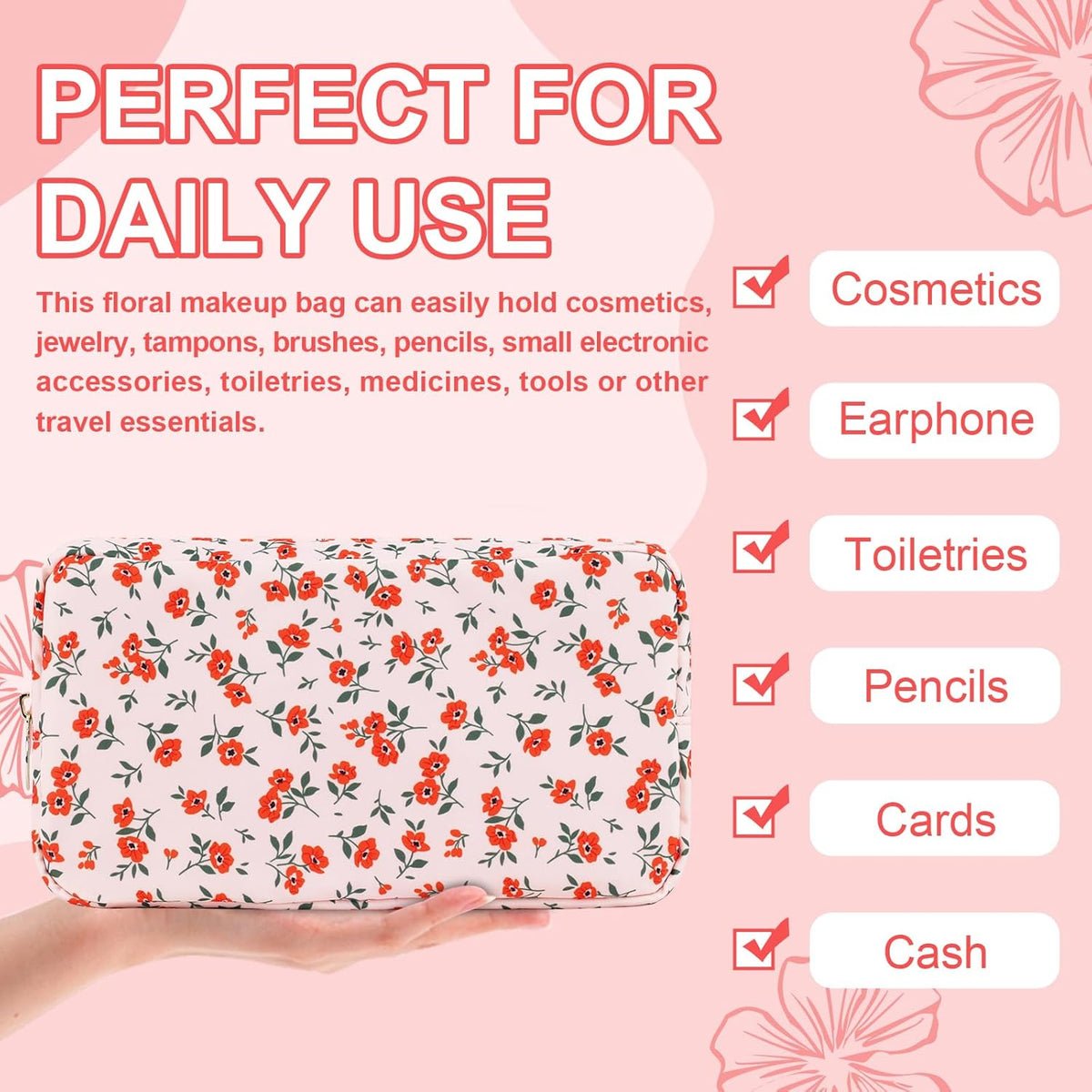 Waterproof Small Floral Makeup Bag Pouch for Purse,Nylon Flower Cosmetic Bag Preppy Travel Toiletry Storage Bag for Women Girl,Cute Makeup Organizer Bag Skincare Bag with Zipper(Small Pink-Flowers)