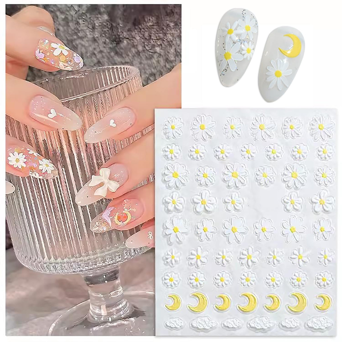 SILPECWEE 8 Sheets Flower Nail Art Stickers 3D Flower Daisy Nail Stickers Self-Adhesive Nail Design Stickers Spring Nail Decals for Nail Art Decoration Accessories