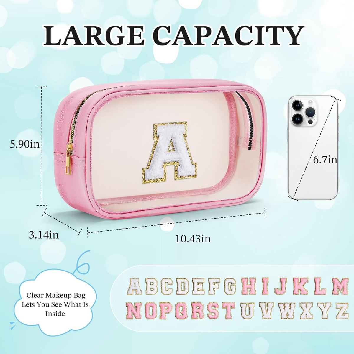 YOOLIFE Initial Travel Makeup Bag Pouch, Clear Toiletry Bag for Women Travel Accessories Cosmetic Bag Skin Care for Teen Make Up Bags Birthday Gifts for Women Unique Teacher Mom Friends Gifts Pink R