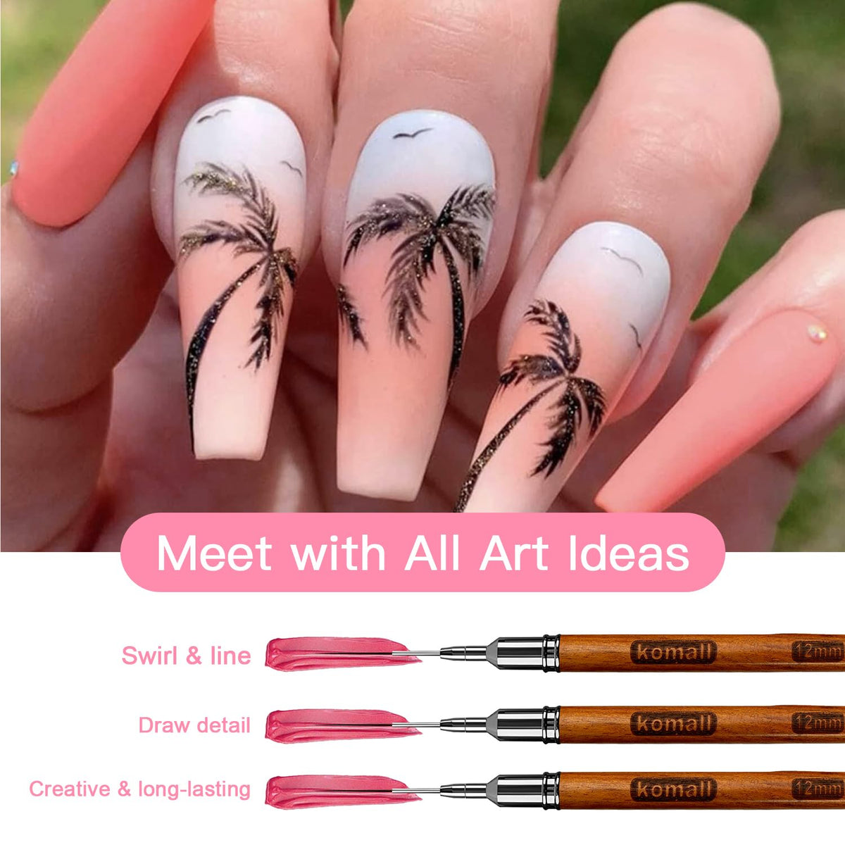 Nail Art Brushes, 5Pcs Wooden Handle Liner Brush Set, UV Gel Polish Painting Art Design Pen for Long Lines, Thin Details, Fine Drawing Sizes 4/8/12/20/25mm(Natural)