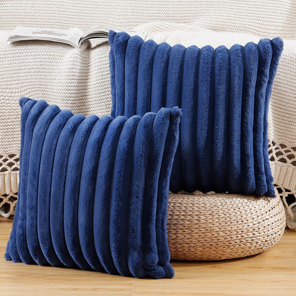 MADIZZ Set of 2 Faux Wool Plush Decorative Throw Pillow Covers 18x18 Inch Blue Fluffy Striped Soft Decorative Cushion Cover for Sofa Bedroom Pillow Shell