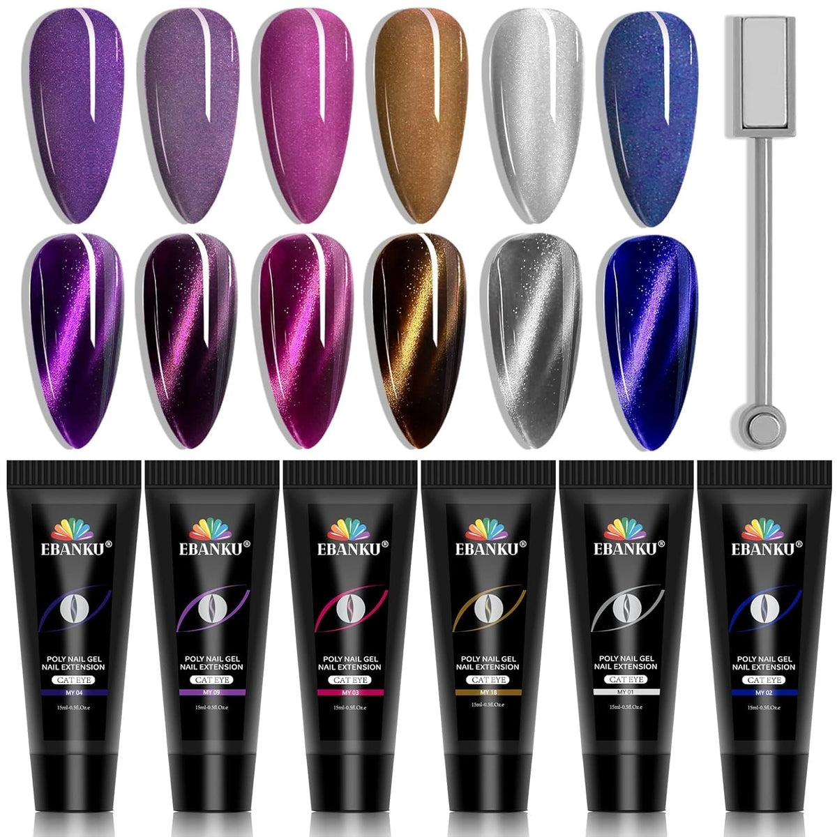 Poly Gel Nail Colors Kit EBANKU Poly Nails Extension Gel Cat Eye Glitter 6 Colors Nail Builder Gel Professional Nail Enhancement Kit for Women Popular Nail Art DIY Salon at Home
