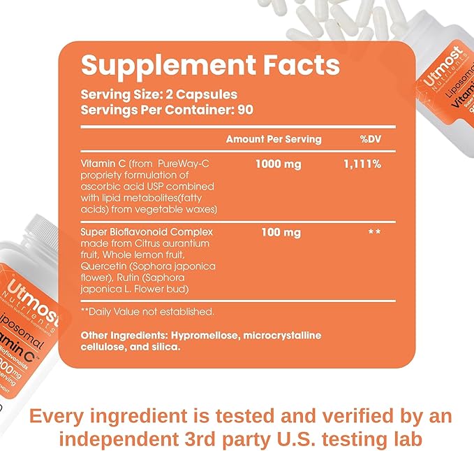 Liposomal Vitamin C - 1000MG VIT C & 100MG Super Bioflavonoid Complex for Enhanced Wellness | Antioxidant Supplement with Natural Raw Ingredients for Adults | Advanced Support | Non-GMO (180 capsules)