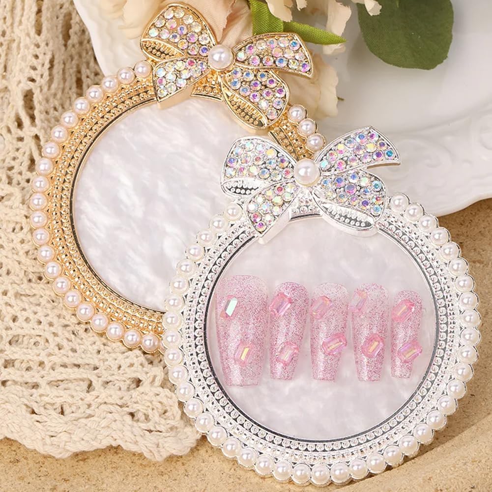 2 Pack Bow with Rhinestones Pearl Nail Art Palette Nail Polish Art Painting Mixing Palette Holder Pearl Edge Professional Cosmetic Nail Art Tools for Women and Girls Nail Polish Display