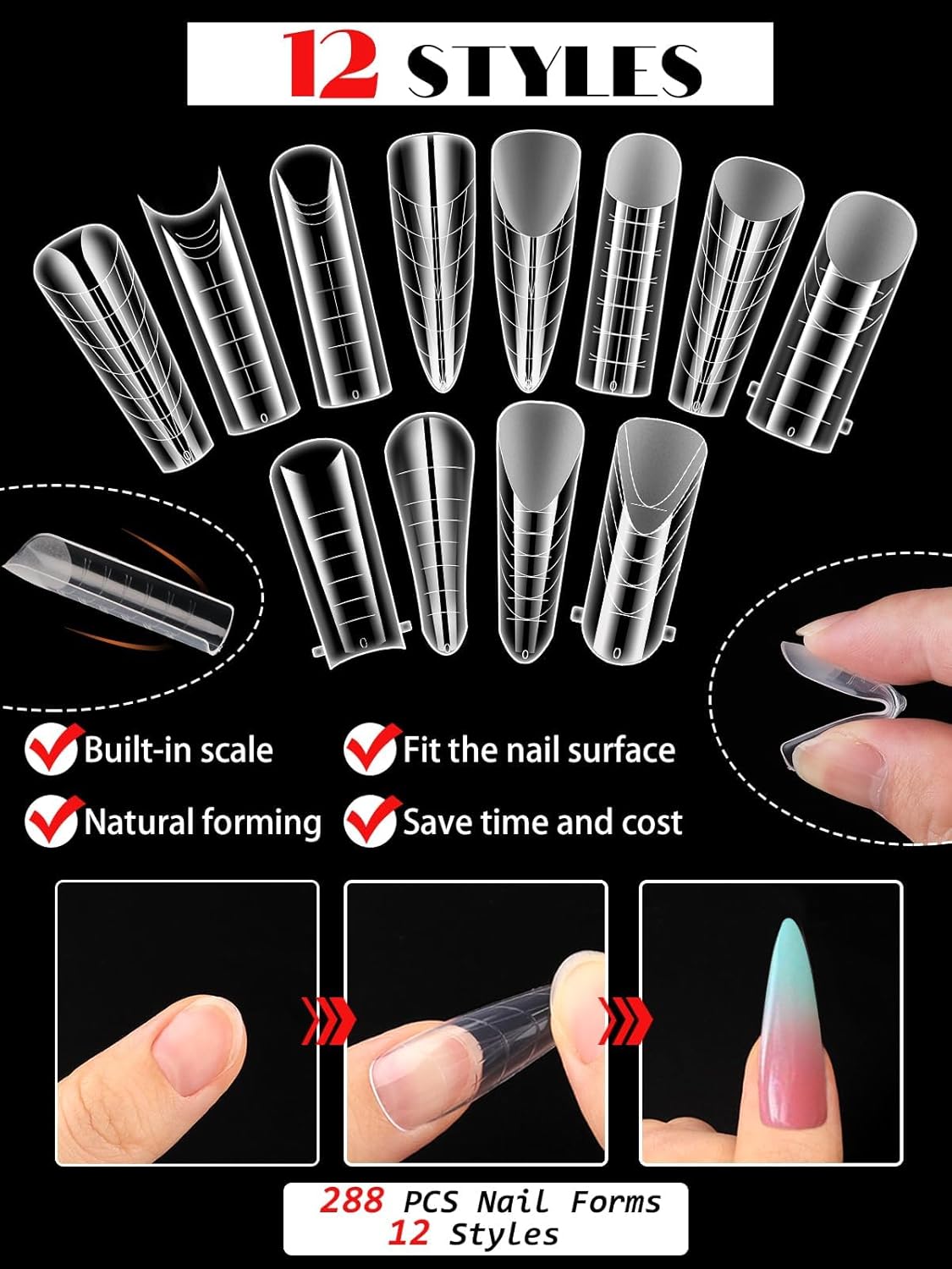 TOROKOM Dual Forms for Poly Nail Gel 288PCS Dual Nail Forms Molds Stiletto Coffin Ballerina Acrylic Nail Tips 12 Shapes for Builder Gel Manicure Nail Art Design Salon DIY at Home