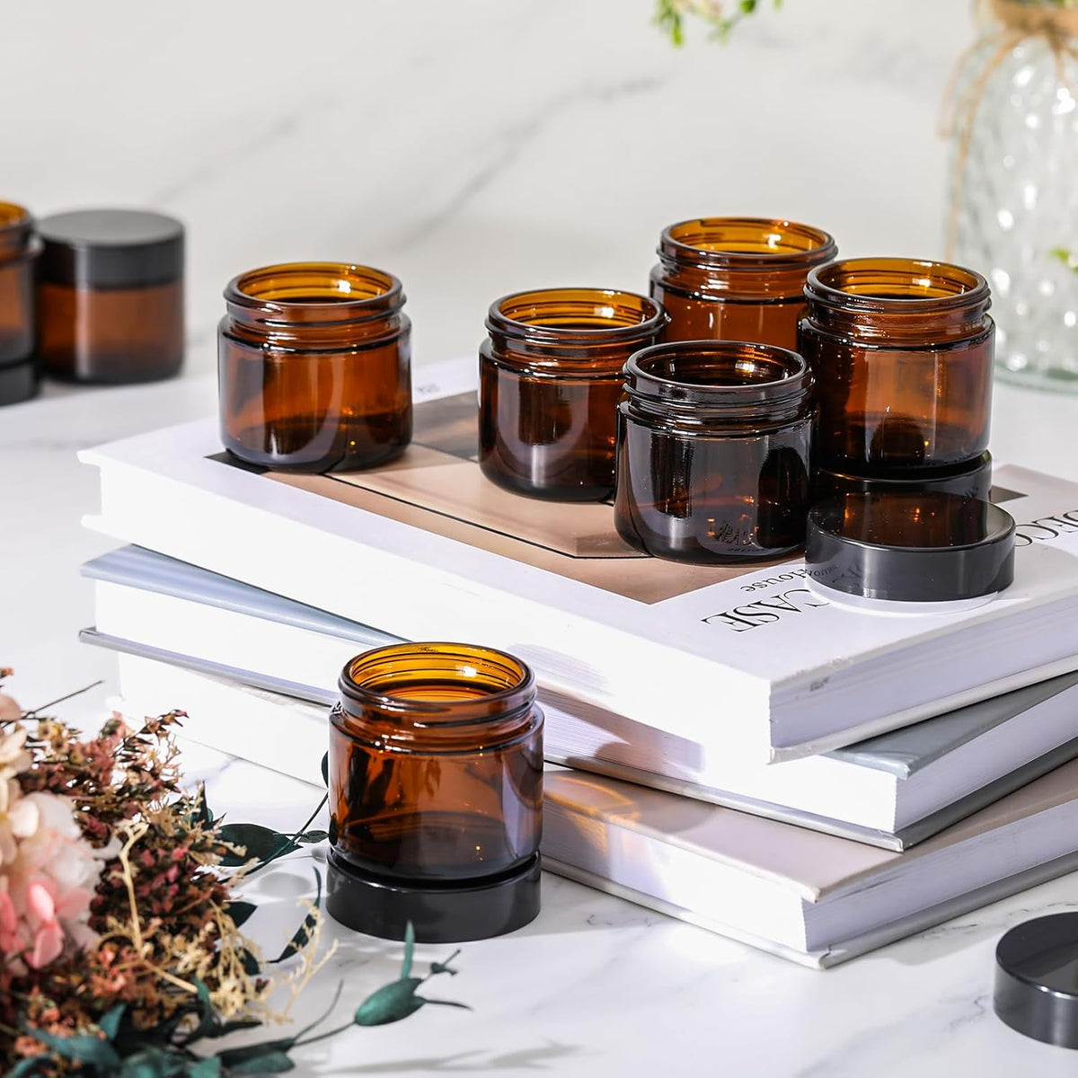 Domensi 32 Pcs 2 oz Glass Jars with Lids Travel Size Round Leakproof Empty Cosmetic Jars with Inner Liners Lid for Storing Makeup Lotions Face Cream Ointments Candle DIY Making (Amber)