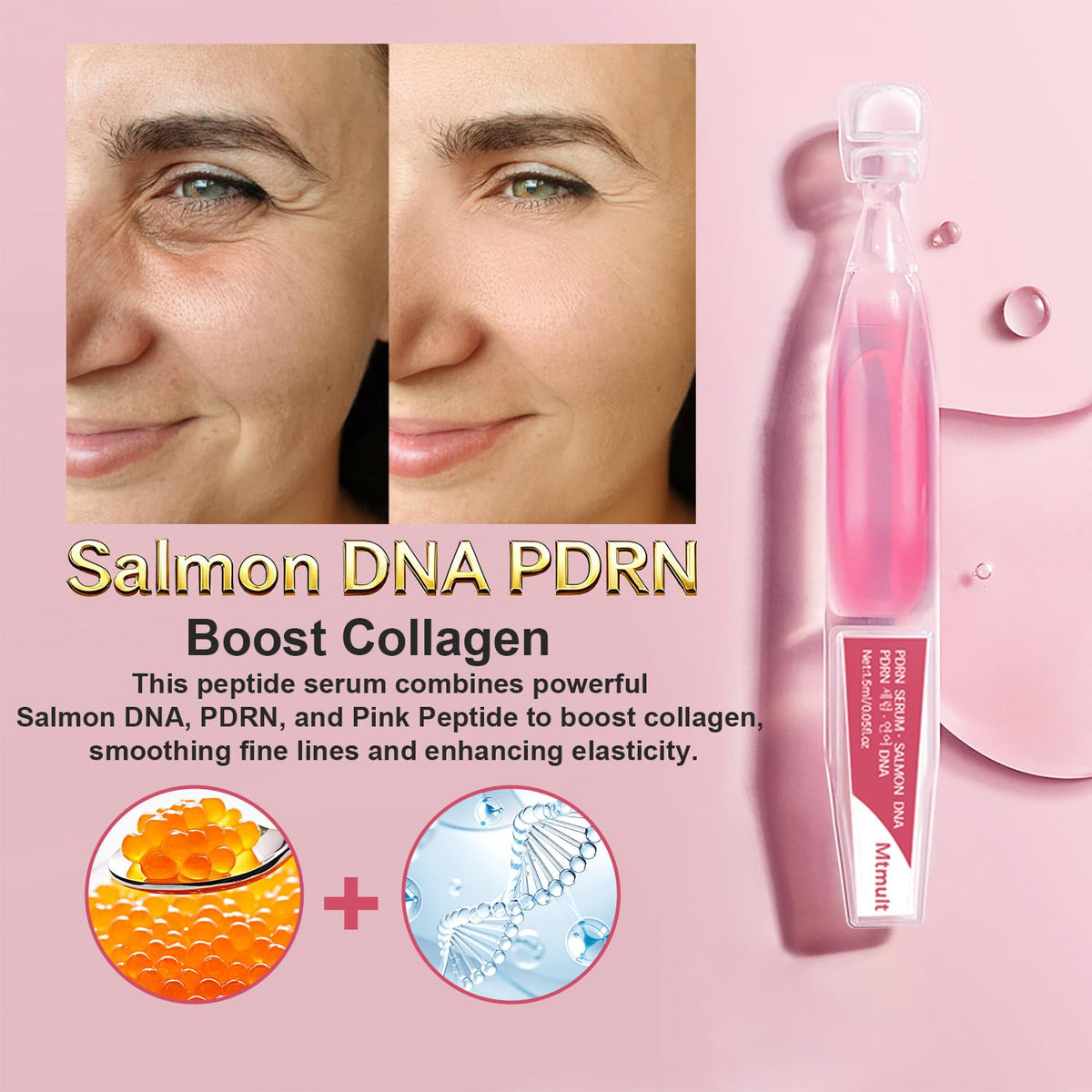 Mtmult PDRN Serum, Salmon DNA Serum - Korean Skin Care Anti-Aging Ampoule with 99% Salmon DNA PDRN, Collagen & Hyaluronic Acid, 0.05 fl.oz x 30e, Firming & Moisturizing - Fuses Salmon DNA Power