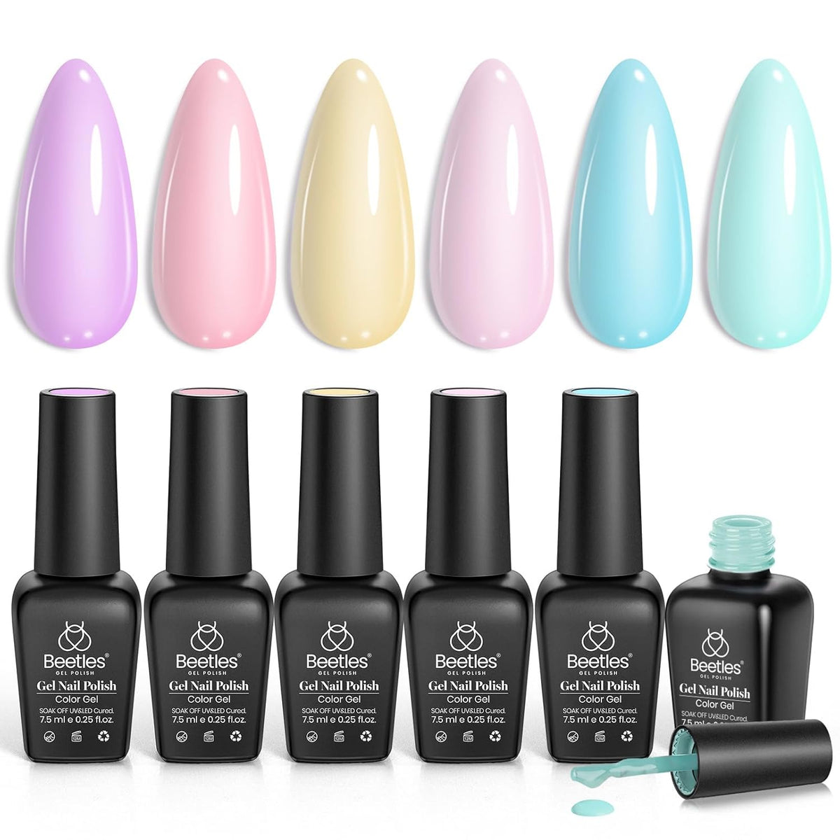 Beetles Pastel Gel Polish Set - 6 Colors Pink Yellow Blue Green Purple Soak Off Nail UV Lamp Gel Nail Kits Decorations Nail Art Gifts