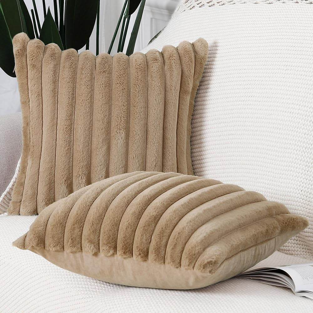 MADIZZ Set of 2 Faux Wool Plush Decorative Throw Pillow Covers 22x22 Inch Brown Fluffy Striped Soft Decorative Cushion Cover for Sofa Bedroom Pillow Shell