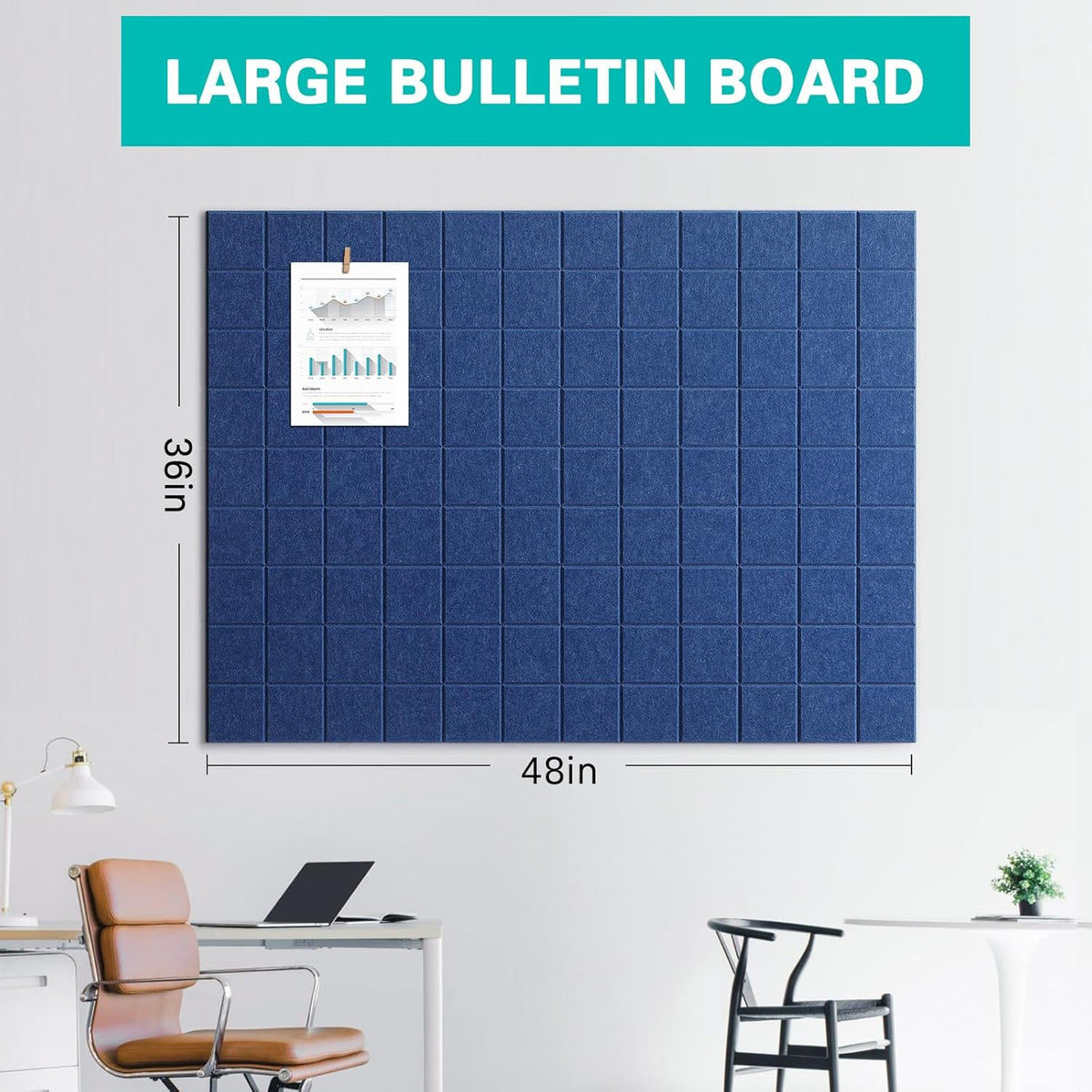 Large Cork Board, 12 Pack Felt Wall Tiles with Safe Removable Adhesive, Bulletin Board for Office, Pin Tack Corkboard for Quilting Design & Dart Wall Protector 48" x 36" - Blue