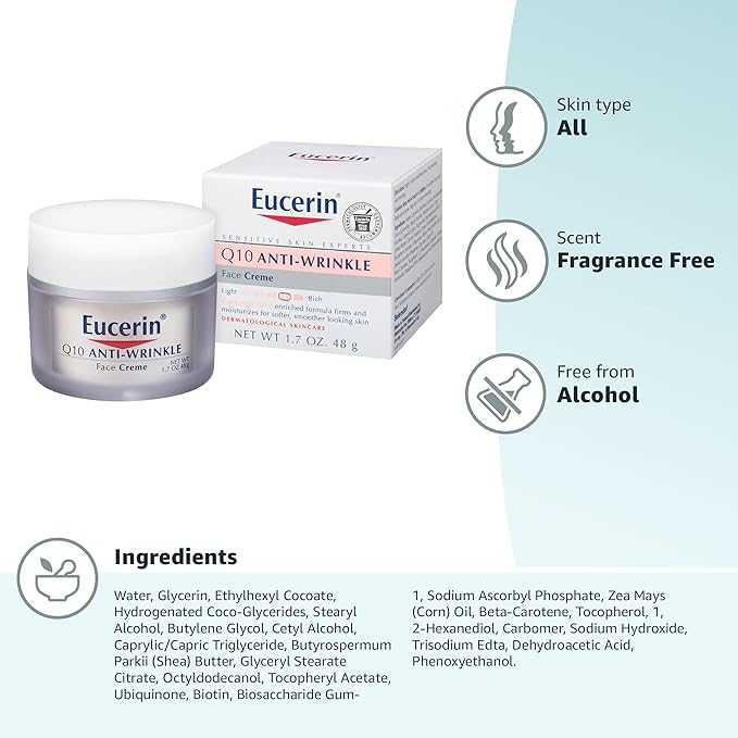 Eucerin Q10 Anti-Wrinkle Face Cream, Unscented Face Cream for Sensitive Skin, 1.7 Oz Jar