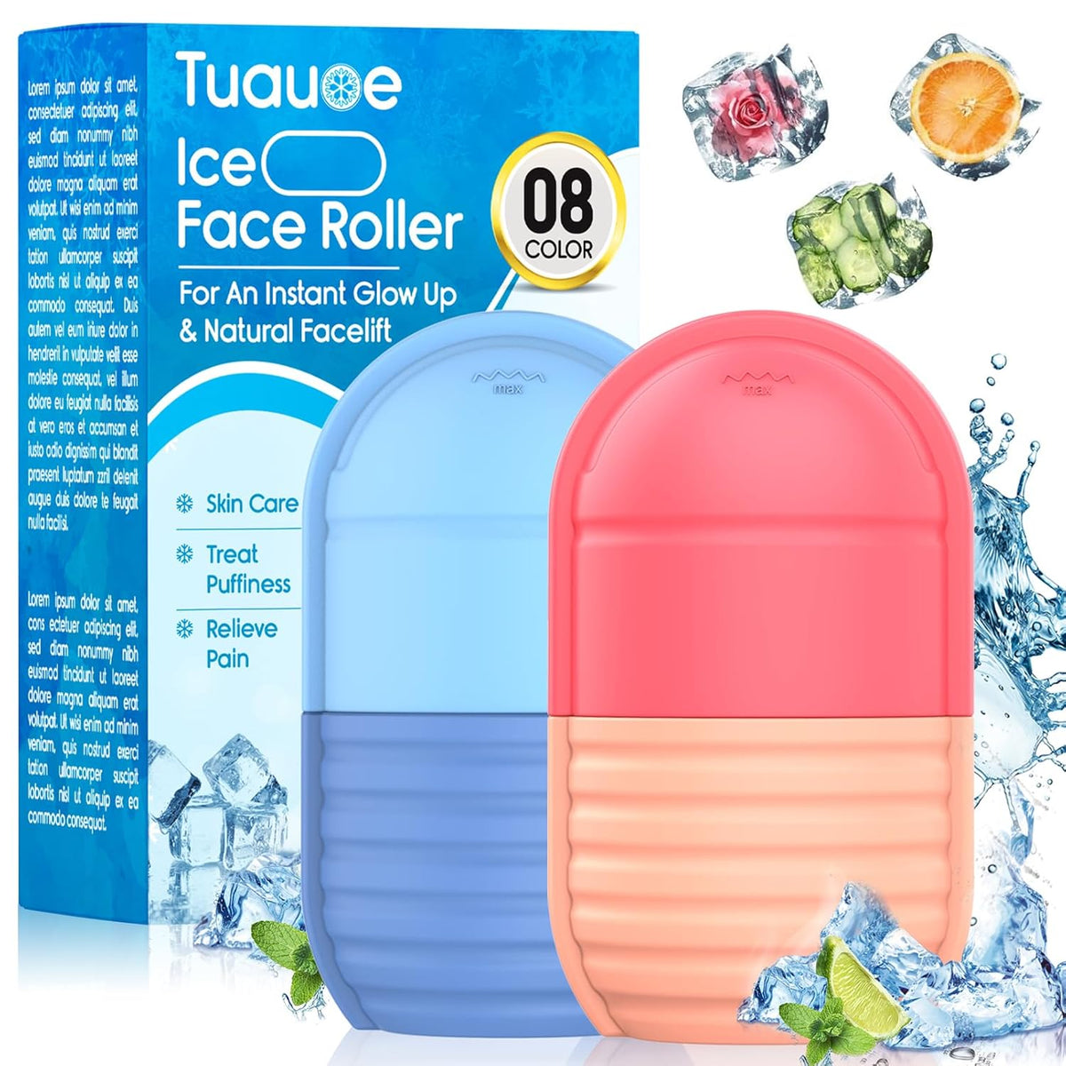 2Pcs Ice Roller for Face, Ice Face Roller, Reusable Silicone Ice Mold for Face, Facial Beauty Ice Roller Skin Care Tools for Shrink Pores Anti Wrinkle Reduce Puffiness (Blue + Pink)