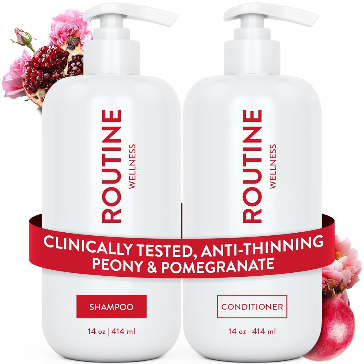 Routine Wellness Anti-Thinning Shampoo and Conditioner Set for Thinning Hair - Biotin DHT Blocker Women & Men - Color Safe Shampoo for Hair Loss & Healthier Hair - Peony & Pomegranate (Pack of 2)
