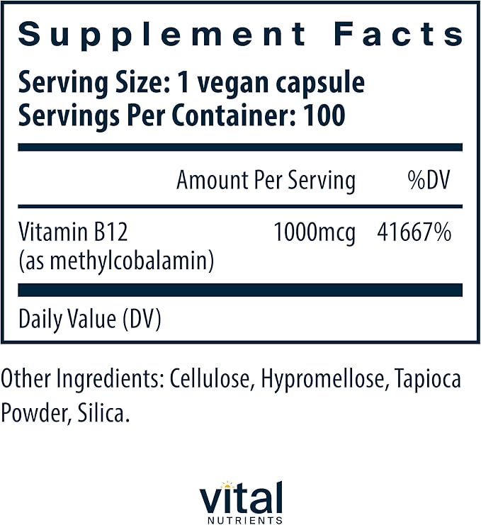 Vital Nutrients Vitamin B12 1000mcg - Vegan - Methylcobalamin for Metabolism, Cognitive & Nervous System Health* - High-Potency B12 Supplement - Gluten, Dairy, Soy Free - 100 Capsules