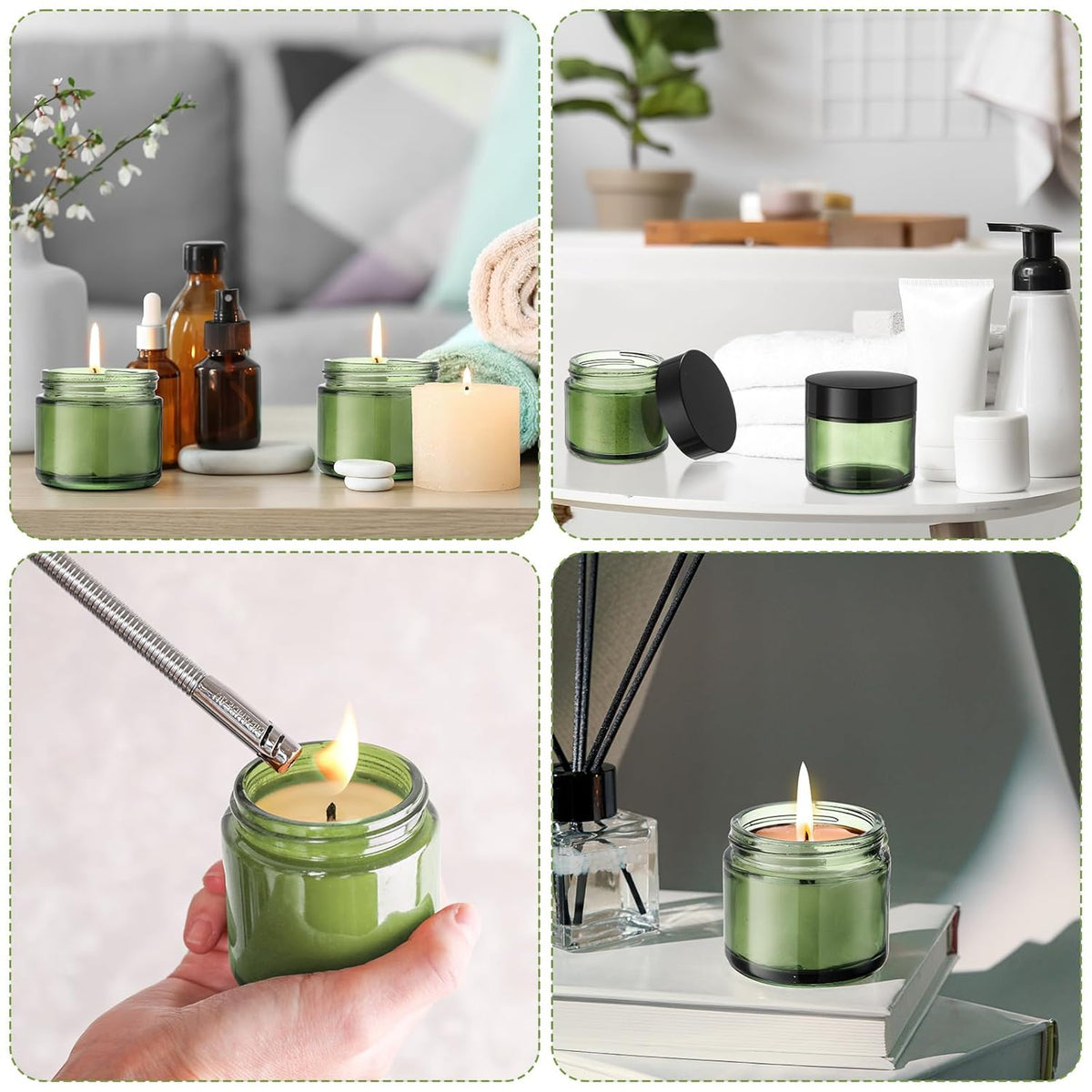 Domensi 48 Pcs 2 oz Glass Jars with Lids Travel Size Round Leakproof Empty Cosmetic Jars with Inner Liners Lid for Storing Makeup Lotions Face Cream Ointments Candle DIY Making (Olive Green)