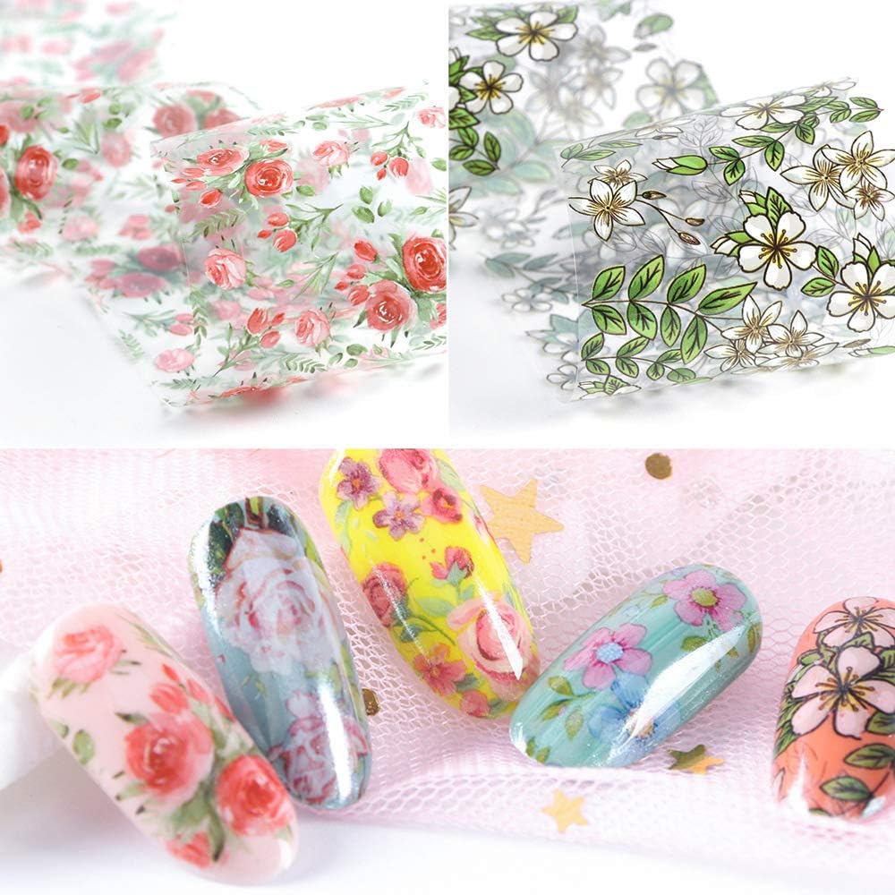 10 Sheets Flower Nail Transfer Foils Holographic Nail Foil Colorful Flower Stickers for Nails Decoration Starry Sky Manicure Transfer Tips Butterflies Nail Art DIY for Women Girls
