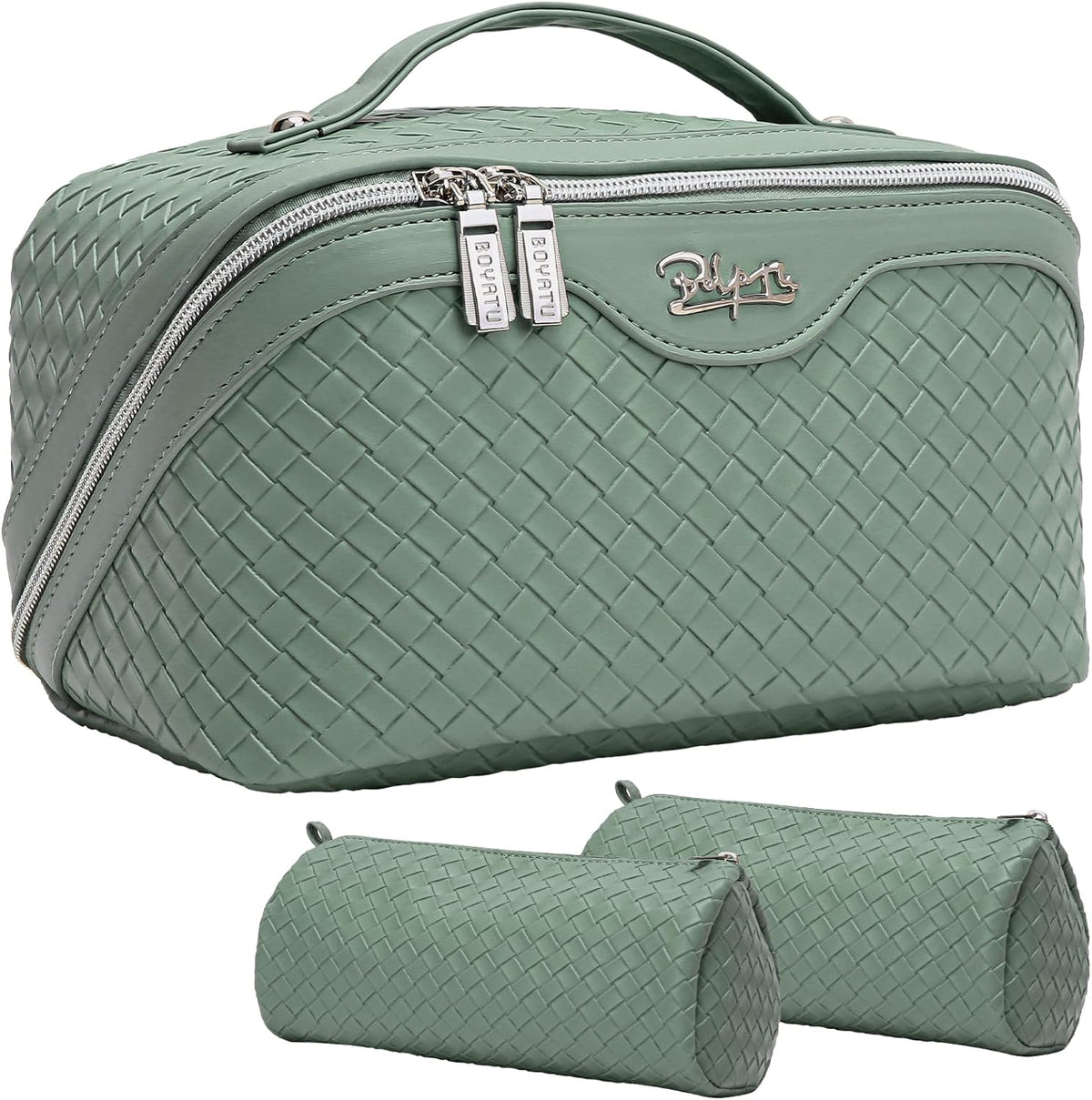 BOYATU Travel Makeup Bags for Women: Large Cosmetic Bag Waterproof - Vegan Leather Make up Bag Set of 3 - Compact Toiletry Organizer with Compartments & Handle & Divider (L05 Grass Green)