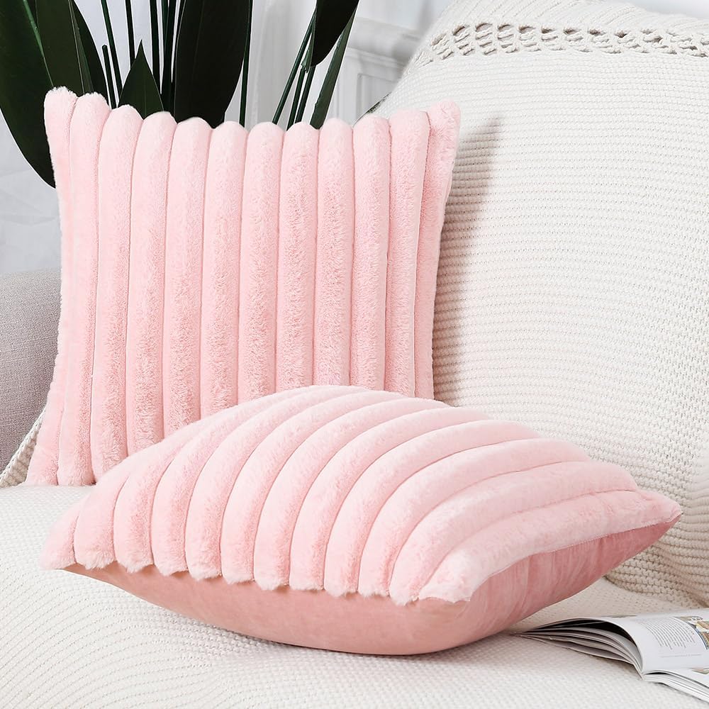 MADIZZ Set of 2 Faux Wool Plush Decorative Throw Pillow Covers 20x20 Inch Pink Fluffy Striped Soft Decorative Cushion Cover for Sofa Bedroom Pillow Shell