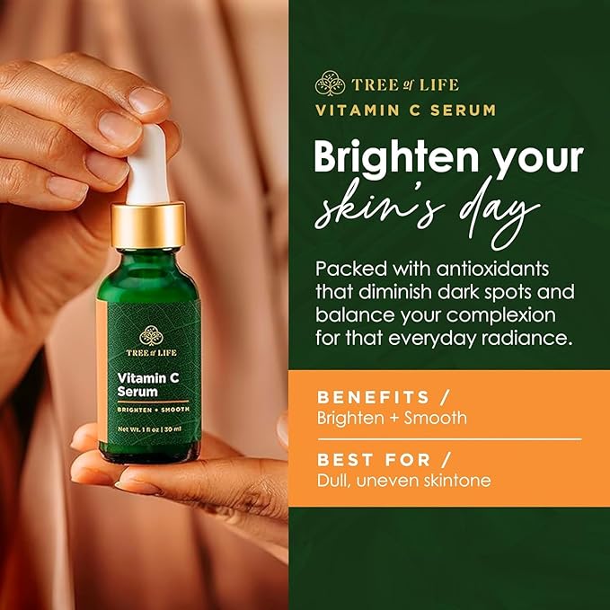 Tree of Life Beauty Facial Skin Care Set, Brightening, Firming, Hydrating, Dry Face, Dermatologist Tested - Vitamin C and Hyaluronic Acid Facial Serum - Skin Care Kit, 2 count of 1 Fl Oz