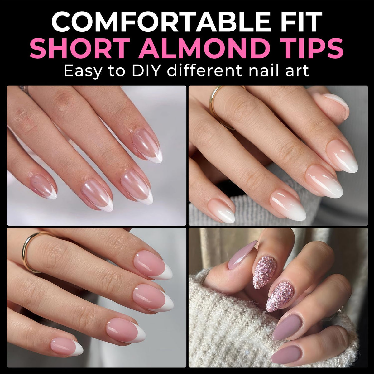 UNA GELLA Short Almond Fake Nails 216pcs Pre-shape Gel Acrylic Nail Tips for Full Cover Nail Extension Home DIY Nail Salon 12 Sizes Gelly Tips