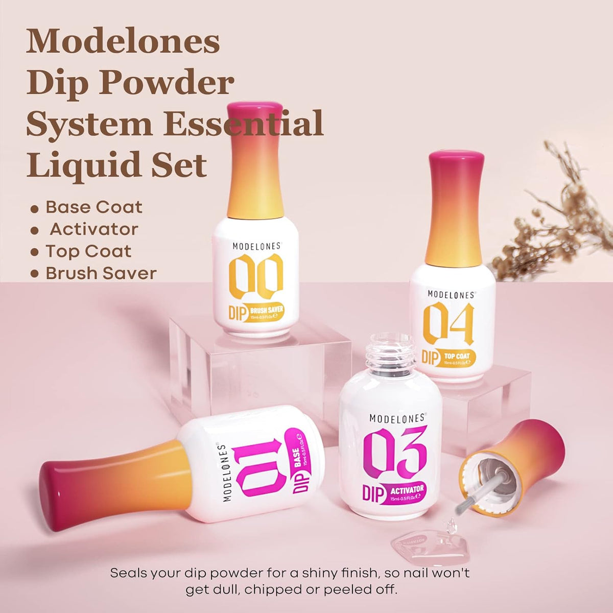 modelones Dip Powder Liquid Set 4+4 Pcs, Dip Powder System Set with Base Coat/Top Coat/Activator/Brush Saver/Manicure Tools for Nail Kit Art DIY Salon - 15ml/0.5oz