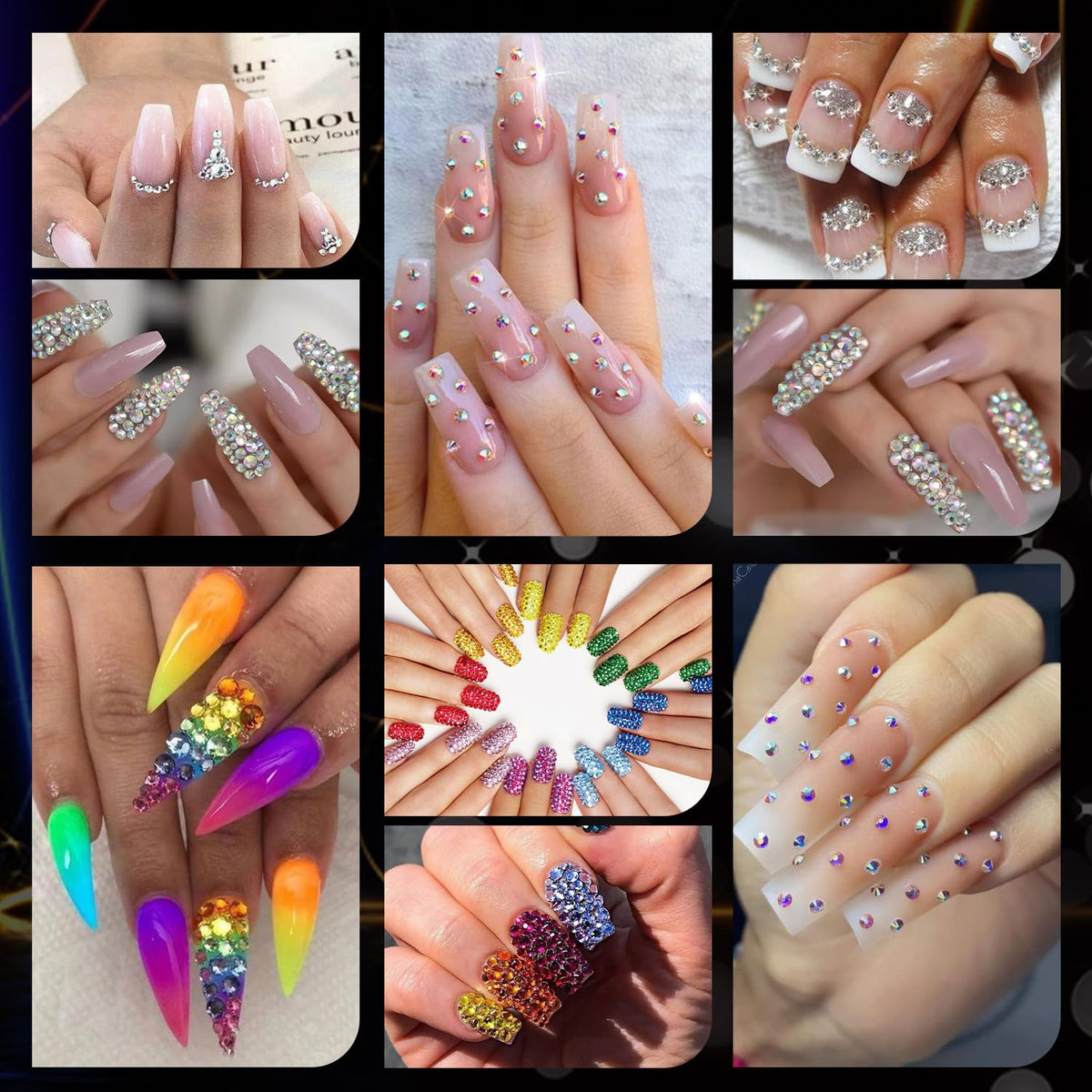 Rhinestones for Nails, Manicure Kit with Nail Rhinestone Glue Gel, Multi Size Flat Back Glass Crystal AB + Mixed Color Iridescent Gemstones & Gem Glue (UV/LED Needed) with Dotting Tools