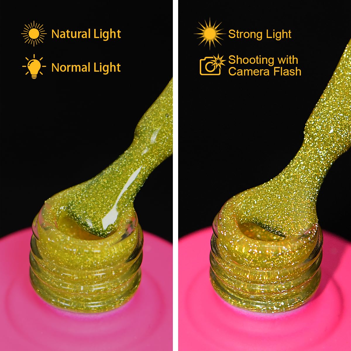 Reflective Glitter Gel Nail Polish, HEMA HPMA TPO Free, Yellow Flash Diamond Shimmer, Need UV Lamp Long Lasting Salon Perfect Gel Nail 15ML for Women (Dia-002)