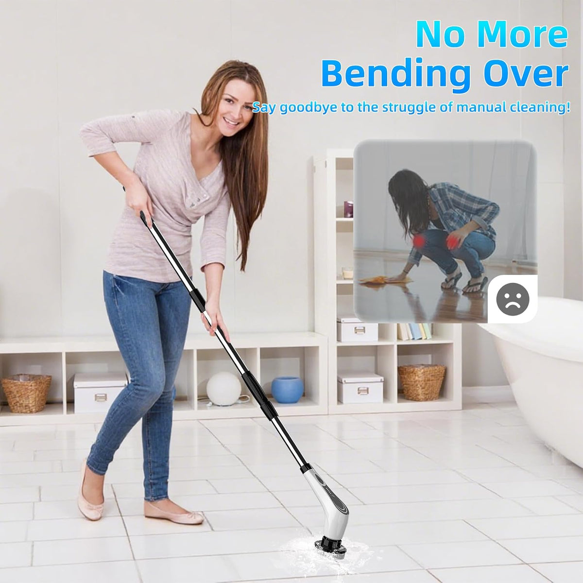 White Electric Spin Scrubber, Cordless Spin Scrubber with 8 Replaceable Brush Heads, Electric Scrub Brush with Adjustable Extension Handle, Electric Cleaning Brush for Bathroom, Tile and Bathtub
