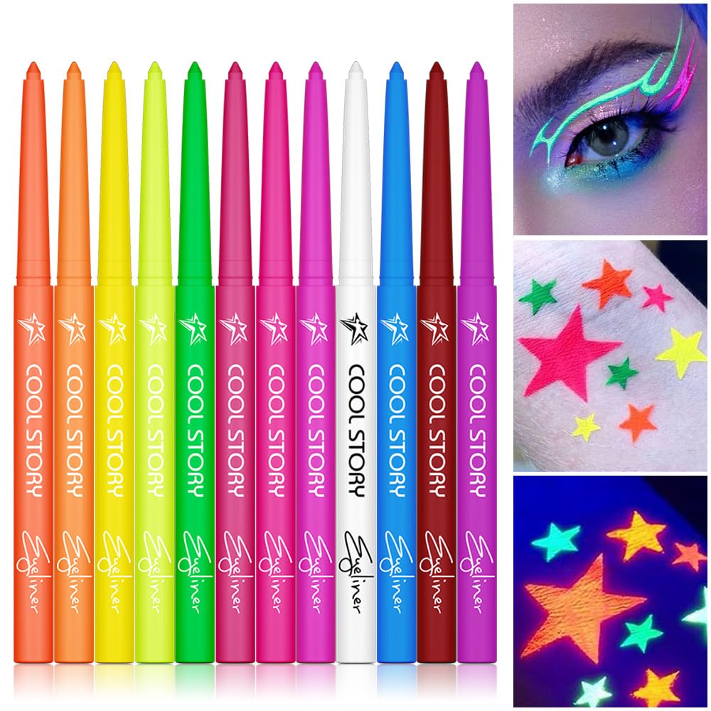 12 Colors UV Neon Eyeliner – Festival Makeup, Glow in the Dark, Waterproof & Smudge-Proof, Colorful Liquid Eyeliner for Face & Body Art, Rave Party, Cosplay, Halloween