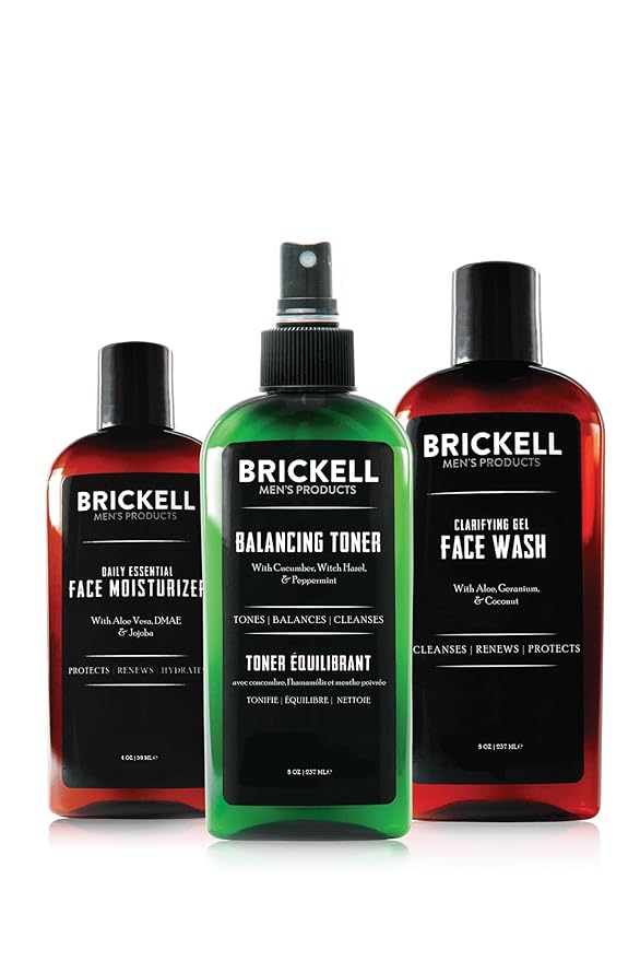 Brickell Men's Daily Face Cleanse Routine for Oily Skin, Alcohol Free Toner, Gel Facial Wash and Moisturizer, Natural and Organic, Unscented