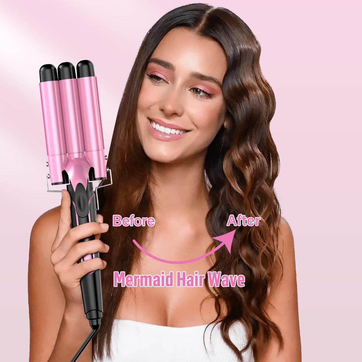 Waver Curling Iron Wand - BESTOPE PRO 5 in 1 Curling Wand Set with 3 Barrel Hair Crimper for Women, Fast Heating Crimper Wand Curler in All Hair Type, Women Gifts - Pink