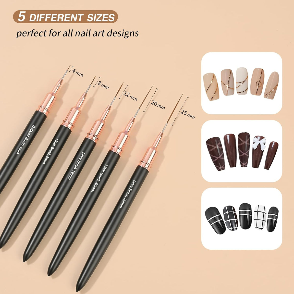 Metallic Nail Art Brushes, 5Pcs Nail Art Liner Brushes, Painting Art Design Brush Set Nail Dotting Drawing Tool for Long Lines, Thin Details, Fine Drawing Sizes 4/8/12/20/25mm, Black