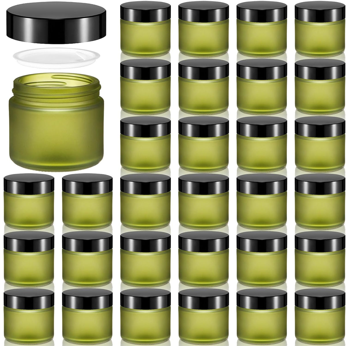 Domensi 32 Pcs 2 oz Glass Jars with Lids Travel Size Round Leakproof Empty Cosmetic Jars with Inner Liners Lid for Storing Makeup Lotions Face Cream Ointments Candle DIY Making (Pea Green)