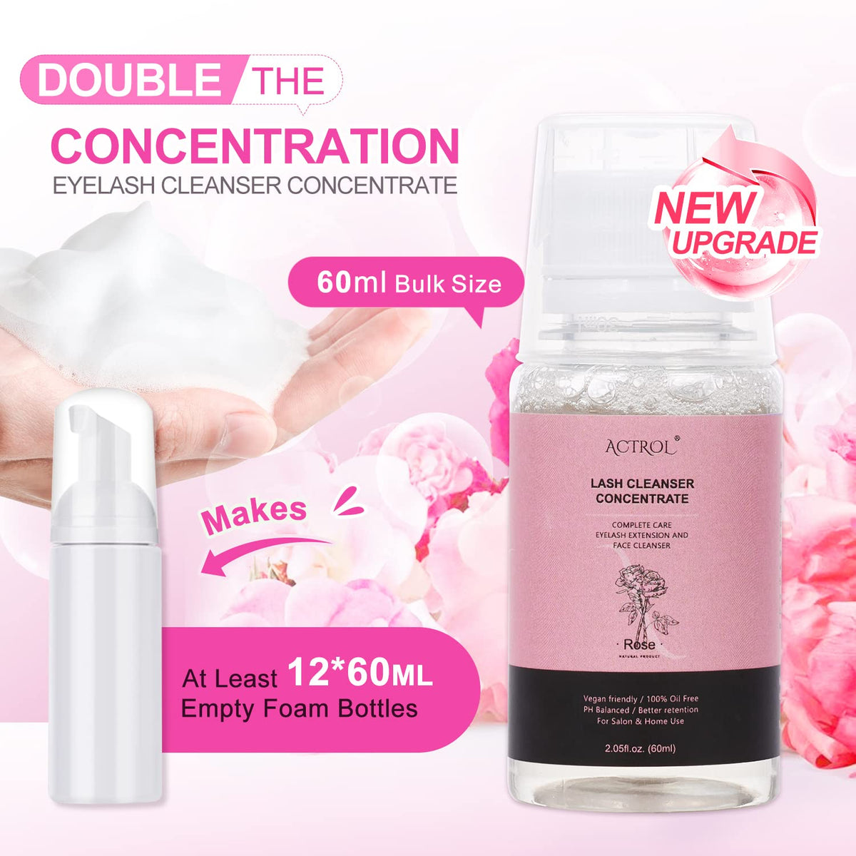 Eyelash Cleanser Concentrate 60ml Rose Professional Lash Shampoo Foaming Cleanser DIY Wash for Extensions Lashes with Salon Home Care-Makes 12Bottles