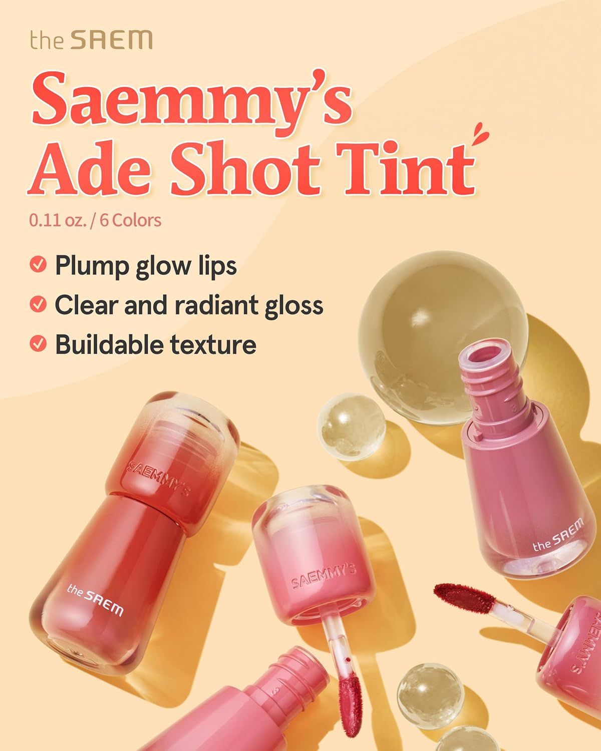 THESAEM Saemmy's Ade Shot Tint (03, 05) - Korean Lip Titnt, Water Gel Lip Stain with Plump Glowy Moisturizing Finish, Buildable Radiant Gloss, Long-Lasting Comfort, 0.1 fl.oz.