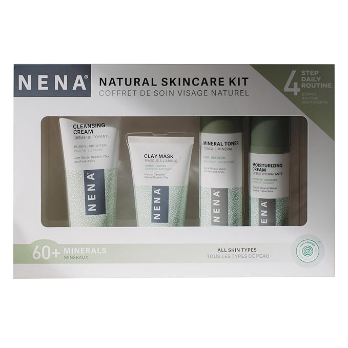 NENA Skincare Natural Skincare Kit - Cleansing Cream Face Wash - Clay Mask for Face - Mineral Hydrating Toner - Moisturizing Cream - Vegan - 4 Pc