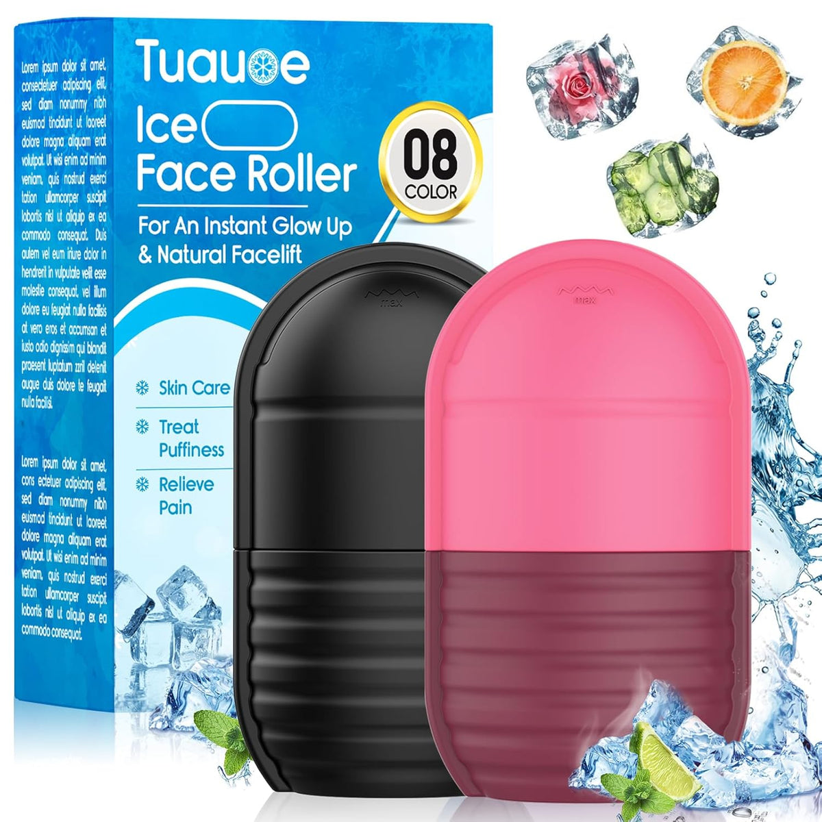 2Pcs Ice Roller for Face, Ice Face Roller, Reusable Silicone Ice Mold for Face, Facial Beauty Ice Roller Skin Care Tools for Shrink Pores Anti Wrinkle Reduce Puffiness (Black + Rose)