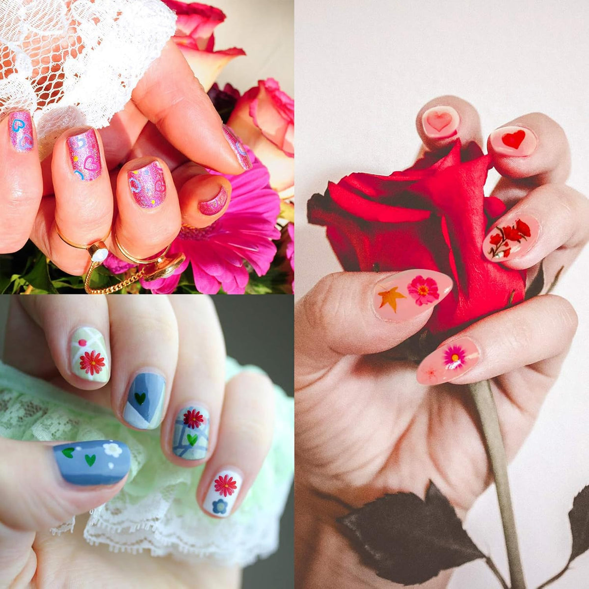 Blulu 5000 Pcs Flower Nail Stickers 100 Sheets 3D Self Adhesive Nail Stickers Multi Design Decals Multicolor Flower Manicure Decals with Tweezer(Retro Floral Series)
