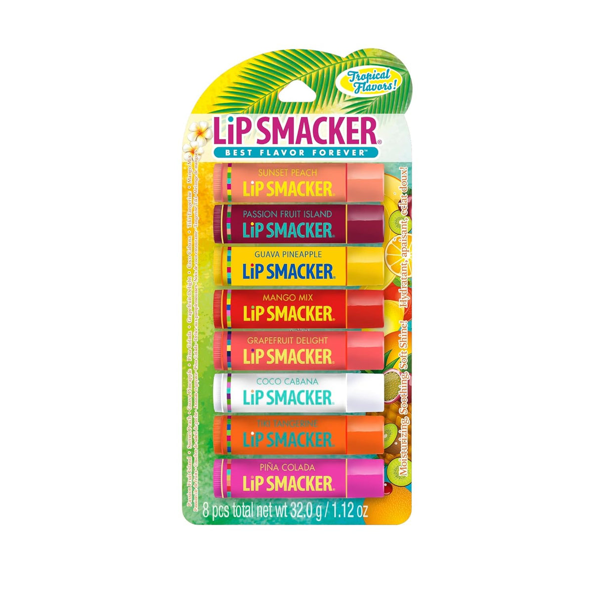 Lip Smacker Flavored Lip Balm Tropic Fever 8 Count (Pack of 1), Passion Fruit, Peach, Breezey-Teazey, Pina Colada, Grapefruit, Coca Cabana, Tangerine, Mango, Clear
