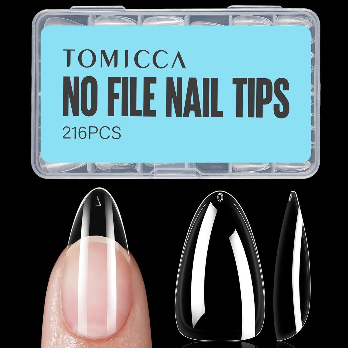TOMICCA Almond Nail Tips, Medium Almond Acrylic Nail Tips, 216Pcs Full Cover Clear Nails, Nail Extension Tips for Nail salon and DIY at Home
