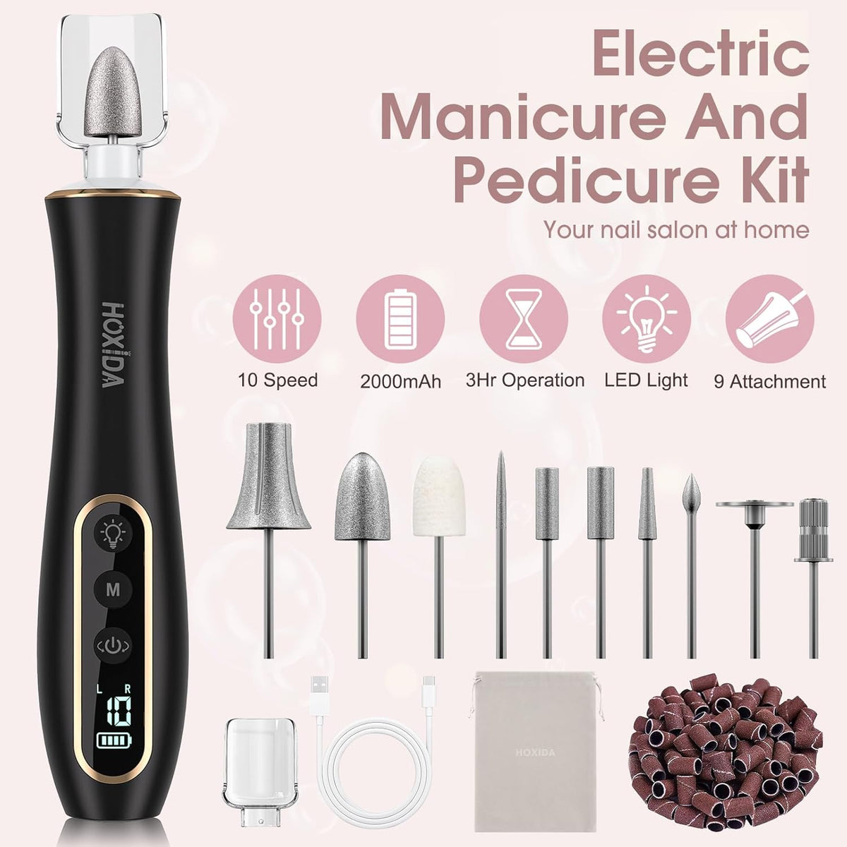 Electric Nail Drill, Professional Manicure Pedicure Kit, Cordless Electric Nail File Set, Rechargeable Pedicure Tools for feet, 10 Speeds Hand Foot Care Nail Drill for -360° LED Light Black